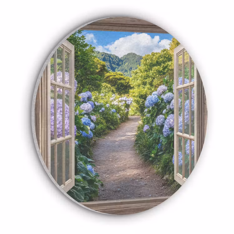 Doorkijk - Hortensia - Pad - Natuur Akoestische PET Vilt - Rond klein -3d