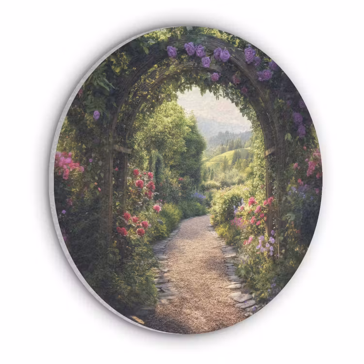 Doorkijk - Landschap - Bloemen - Tuinboog - Natuur Akoestische PET Vilt - Rond klein -3d