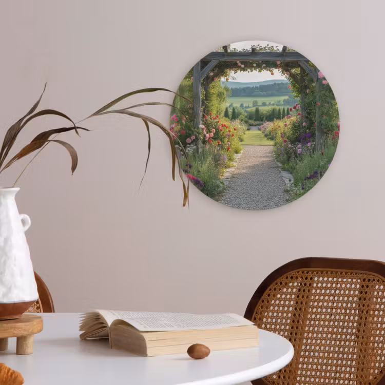 Doorkijk - Landschap - Natuur - Tuinboog - Bloemen Akoestische PET Vilt - Rond klein -sfeer3