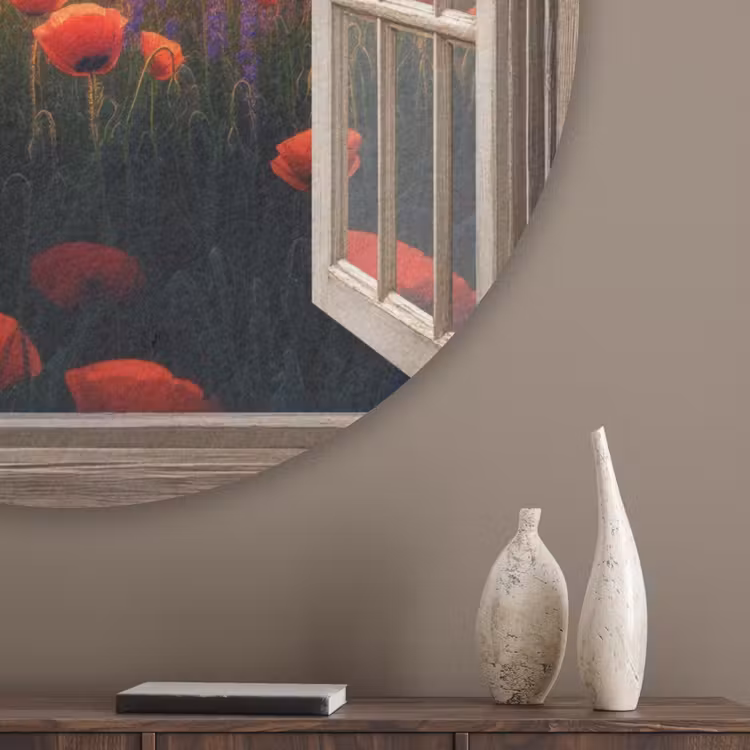 Doorkijk - Klaprozen - Bloemen - Rood - Open raam Akoestische PET Vilt - Rond klein -sfeer5_closeup