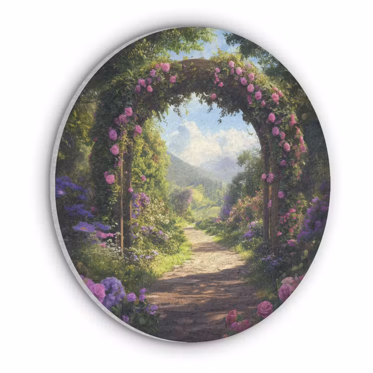 Doorkijk - Rozenboog - Uitzicht - Landschap - Bloemen Akoestische PET Vilt - Rond klein -3d