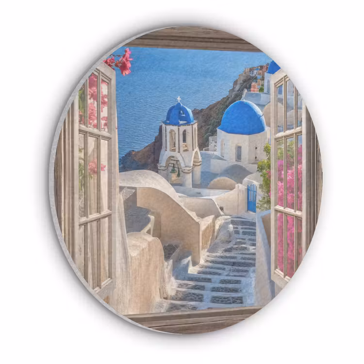 Doorkijk - Santorini - Landschap - Blauw - Grieks Akoestische PET Vilt - Rond klein -3d