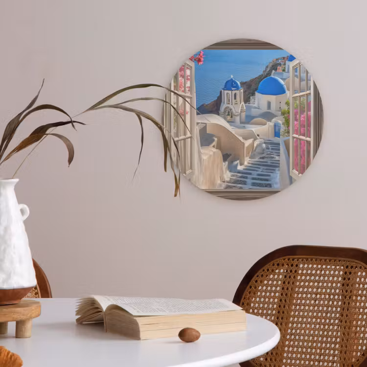 Doorkijk - Santorini - Landschap - Blauw - Grieks Akoestische PET Vilt - Rond klein -sfeer3