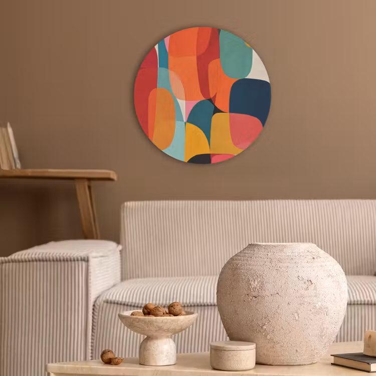Vormen - Kleurrijk - Abstract - Vlakken Akoestische PET Vilt - Rond klein -sfeer1