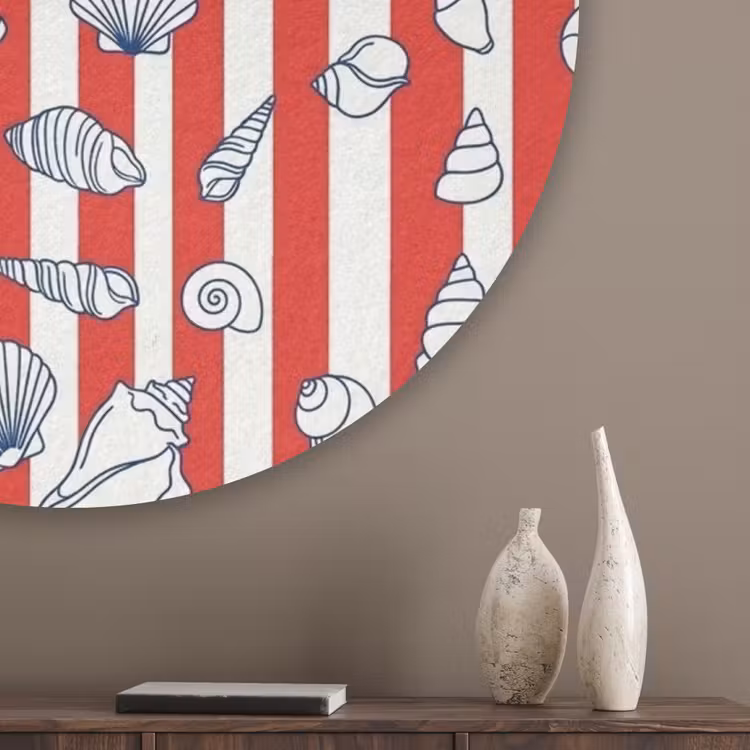 Schelp - Zeedieren - Zomer - Illustratie - Rood - Blauw Akoestische PET Vilt - Rond klein -sfeer5_closeup
