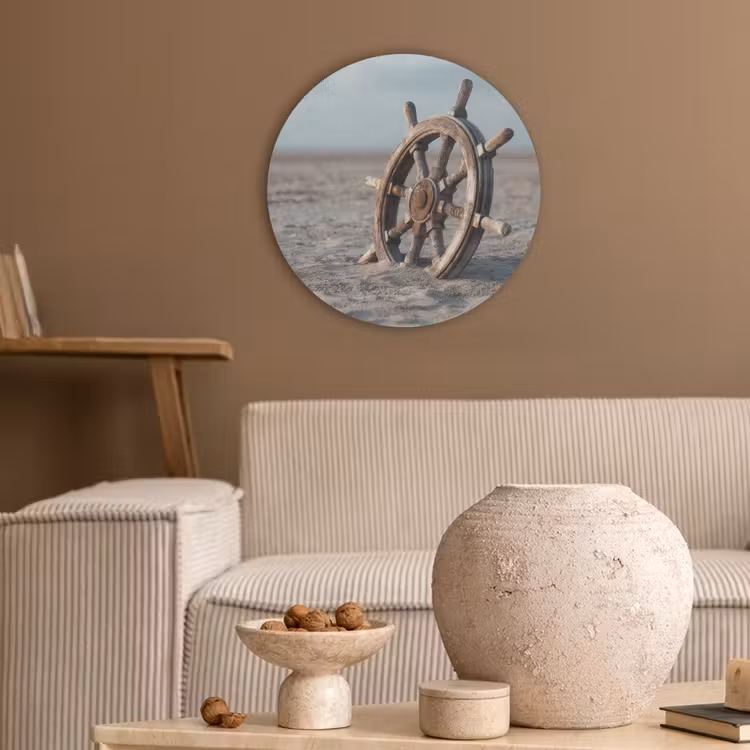 Scheepsstuur - Hout - Bruin - Zand Akoestische PET Vilt - Rond klein -sfeer1