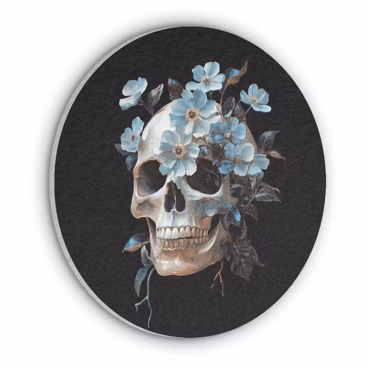 Schedel - Blauw - Bloemen - Bladeren Akoestische PET Vilt - Rond klein -3d