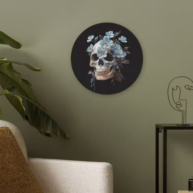 Schedel - Blauw - Bloemen - Bladeren Akoestische PET Vilt - Rond klein -sfeer2