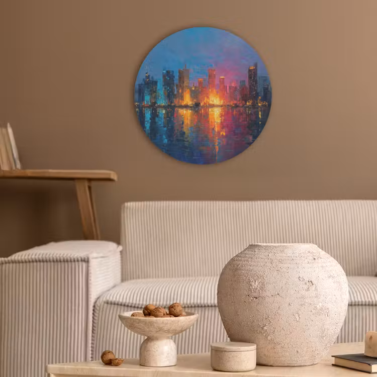 Skyline - Penseelstreken - Donkerblauw - Lichtgevend Akoestische PET Vilt - Rond klein -sfeer1