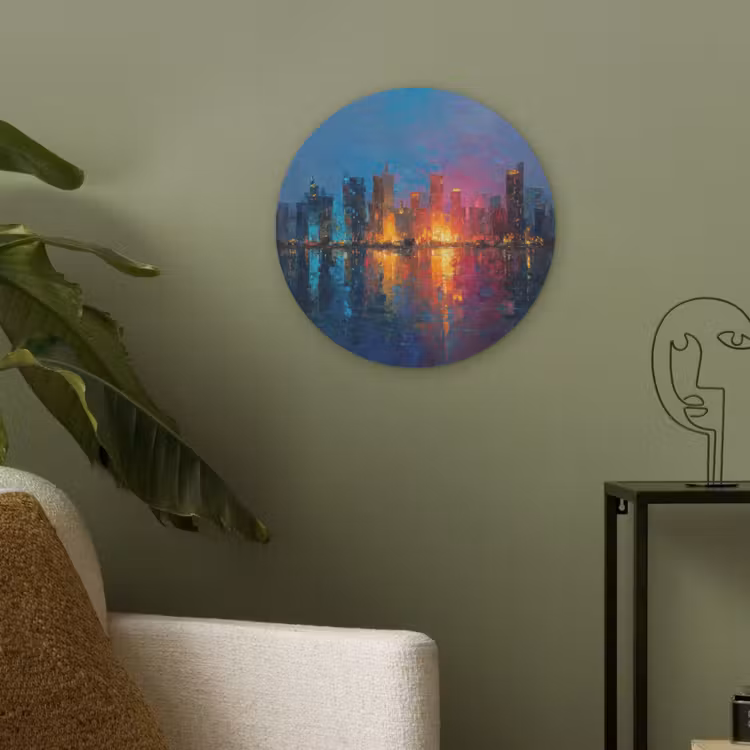 Skyline - Penseelstreken - Donkerblauw - Lichtgevend Akoestische PET Vilt - Rond klein -sfeer2