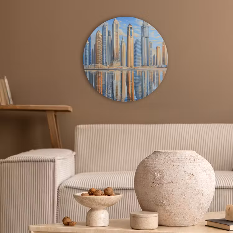 Skyline - Wolkenkrabbers - Water - Blauw Akoestische PET Vilt - Rond klein -sfeer1