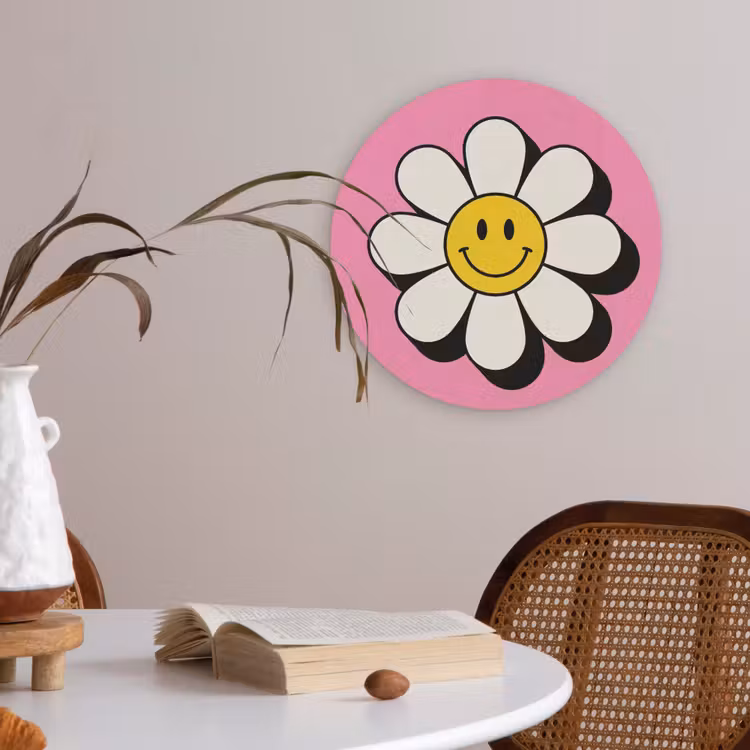 Smiley - Bloem - Roze Akoestische PET Vilt - Rond klein -sfeer3