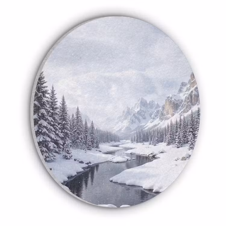 Sneeuwlandschap - Bergen - Rivier - Winter Akoestische PET Vilt - Rond klein -3d