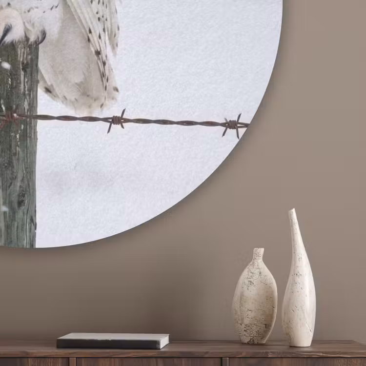 Sneeuwuil - Hek - Sneeuw - Wit Akoestische PET Vilt - Rond klein -sfeer5_closeup