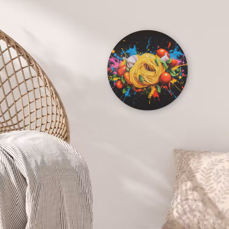 Spaghetti - Graffiti - Verf - Kleurrijk - Eten - Modern Akoestische PET Vilt - Rond klein -sfeer4