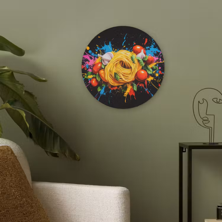 Spaghetti - Graffiti - Verf - Kleurrijk - Eten - Modern Akoestische PET Vilt - Rond klein -sfeer2
