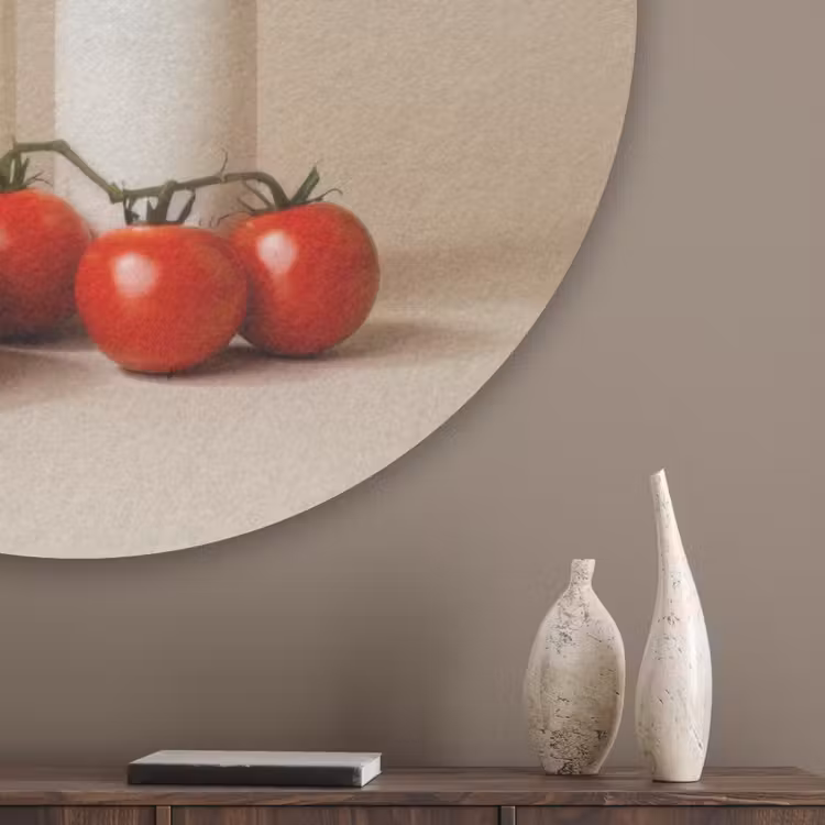 Spaghetti - Melk - Tomaten - Eieren - Brood Akoestische PET Vilt - Rond klein -sfeer5_closeup