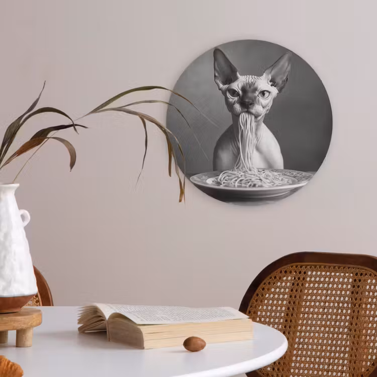 Sphynx - Kat - Dieren - Humor - Spaghetti - Zwart Wit Akoestische PET Vilt - Rond klein -sfeer3