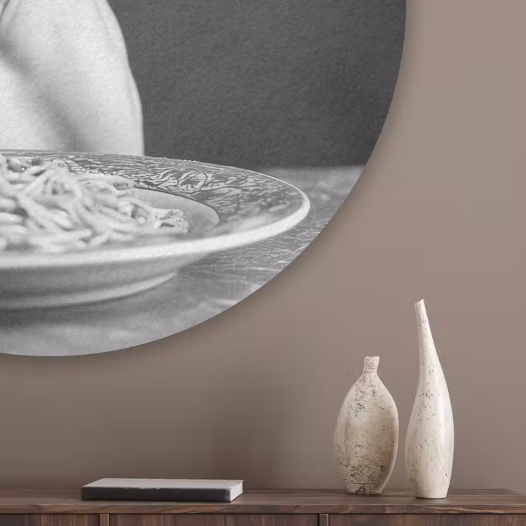 Sphynx - Kat - Dieren - Humor - Spaghetti - Zwart Wit Akoestische PET Vilt - Rond klein -sfeer5_closeup