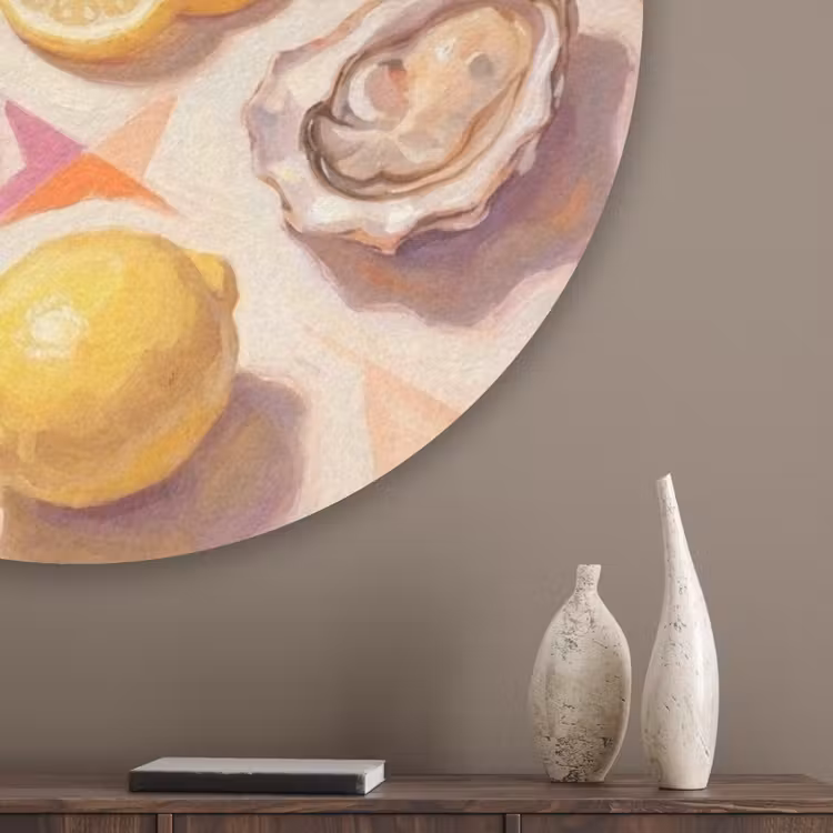 Stilleven - Citroenen - Oesters - Abstract - Oranje Akoestische PET Vilt - Rond klein -sfeer5_closeup