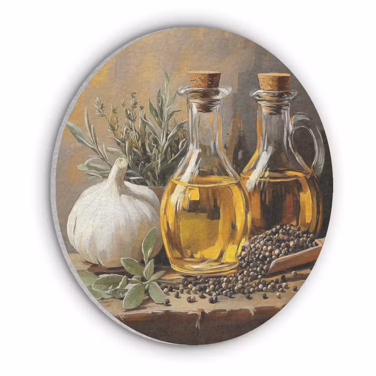 Stilleven - Olijfolie - Knoflook - Kruiden Akoestische PET Vilt - Rond klein -3d