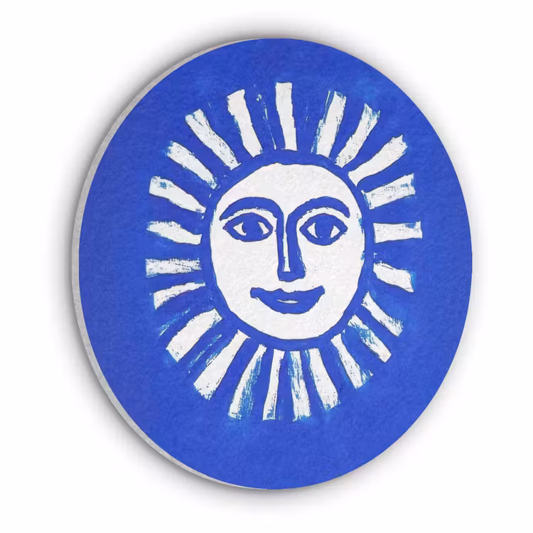 Zon - Gezicht - Penseelstructuur - Blauw Akoestische PET Vilt - Rond klein -3d