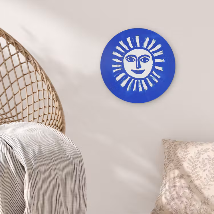 Zon - Gezicht - Penseelstructuur - Blauw Akoestische PET Vilt - Rond klein -sfeer4
