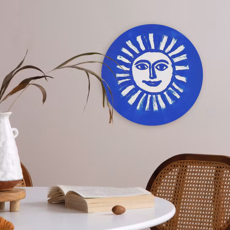 Zon - Gezicht - Penseelstructuur - Blauw Akoestische PET Vilt - Rond klein -sfeer3