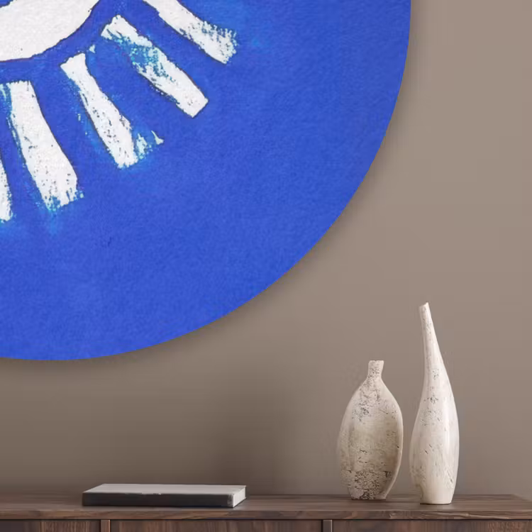 Zon - Gezicht - Penseelstructuur - Blauw Akoestische PET Vilt - Rond klein -sfeer5_closeup