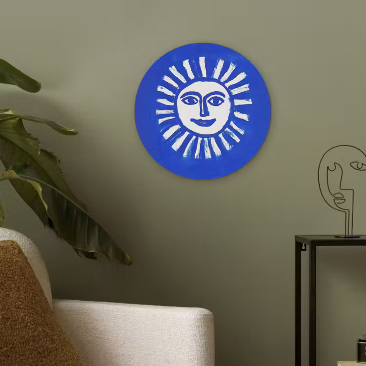 Zon - Gezicht - Penseelstructuur - Blauw Akoestische PET Vilt - Rond klein -sfeer2