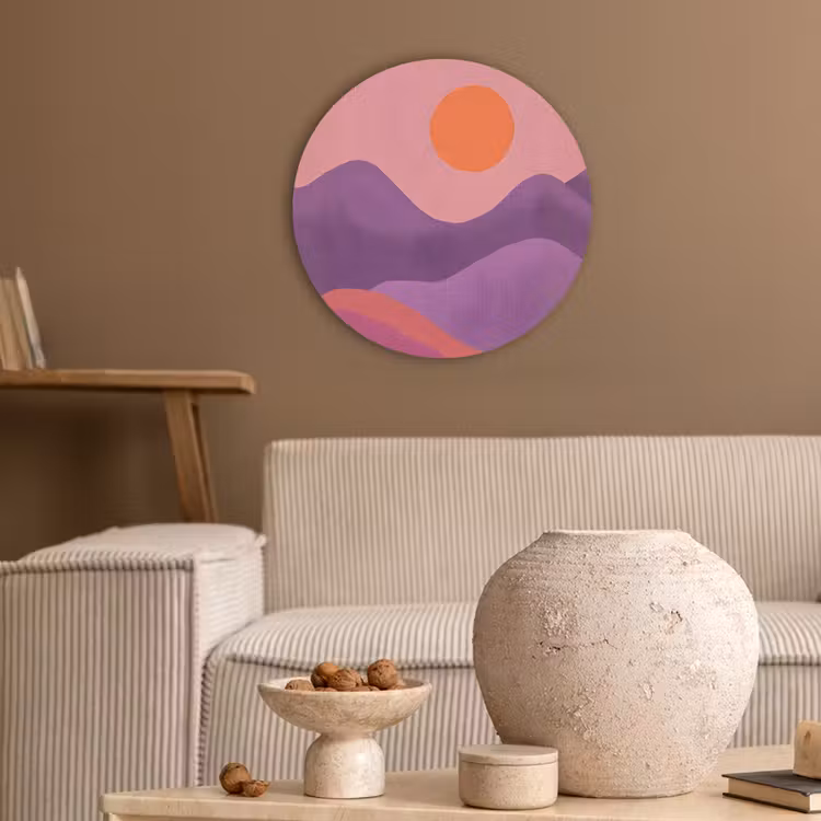 Zon - Heuvels - Paars - Abstract Akoestische PET Vilt - Rond klein -sfeer1