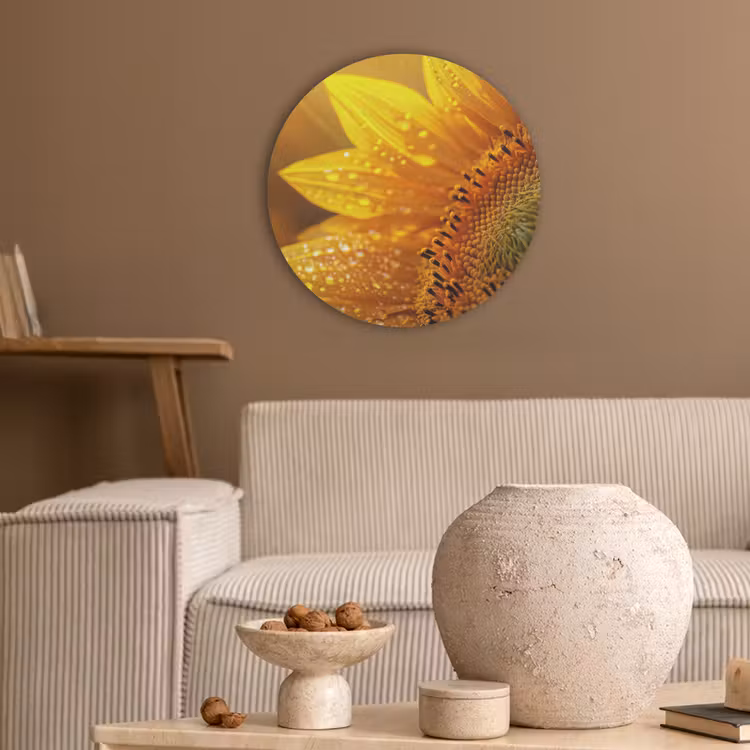 Zonnebloem - Dauwdruppels - Geel - Zonlicht Akoestische PET Vilt - Rond klein -sfeer1