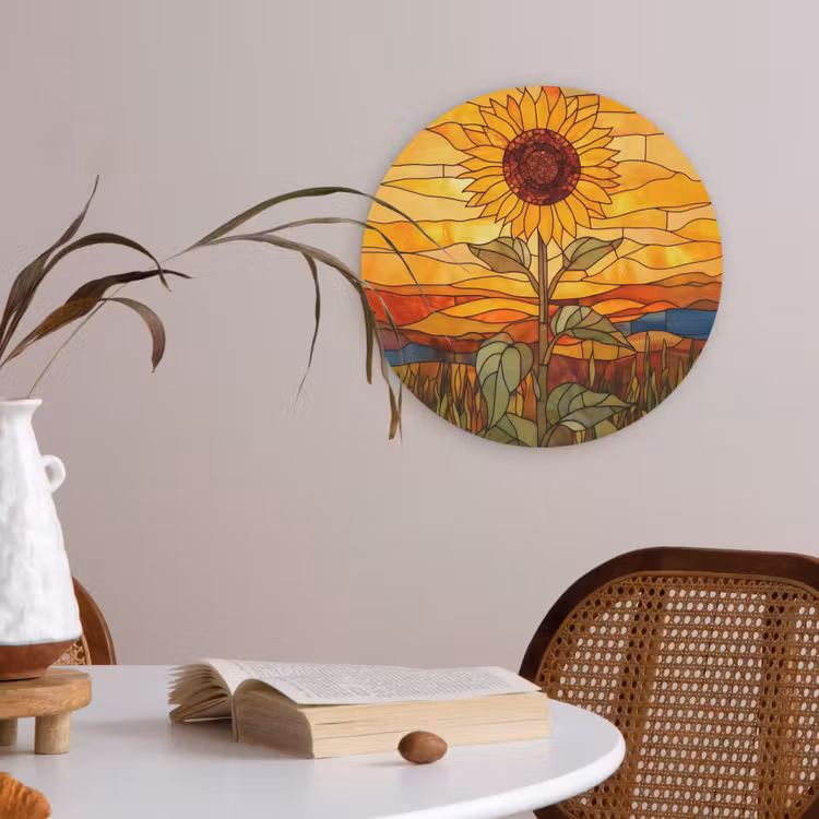 Zonnebloem - Mozaïek - Zonsondergang - Geel Akoestische PET Vilt - Rond klein -sfeer3