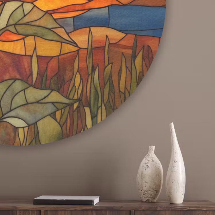 Zonnebloem - Mozaïek - Zonsondergang - Geel Akoestische PET Vilt - Rond klein -sfeer5_closeup