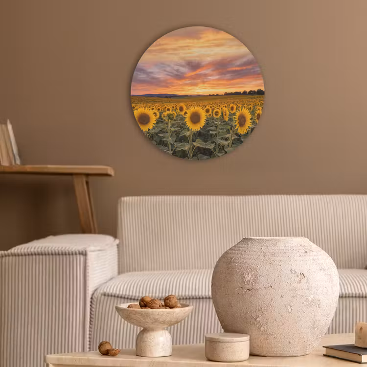 Zonnebloemen - Heuvellandschap - Geel Akoestische PET Vilt - Rond klein -sfeer1