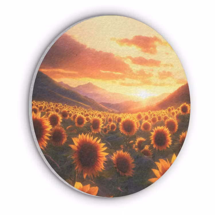 Zonnebloemen - Zonsondergang - Landschap Akoestische PET Vilt - Rond klein -3d