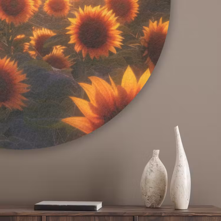 Zonnebloemen - Zonsondergang - Landschap Akoestische PET Vilt - Rond klein -sfeer5_closeup