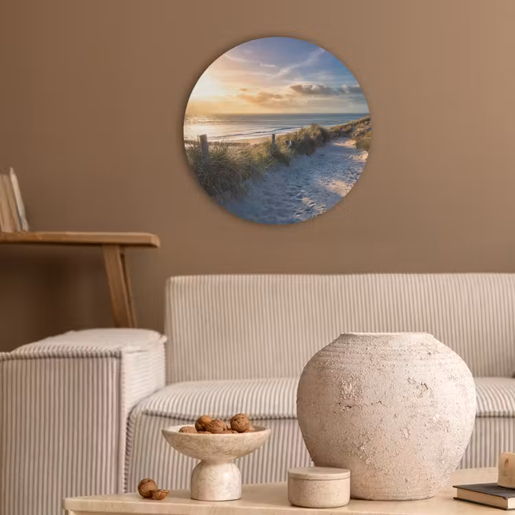 Zonsondergang - Strand - Duin - Gras - Bank Akoestische PET Vilt - Rond klein -sfeer1