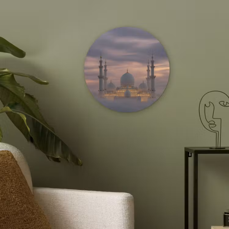 Zonsondergang - Moskee - Wolken - Islamitisch Akoestische PET Vilt - Rond klein -sfeer2