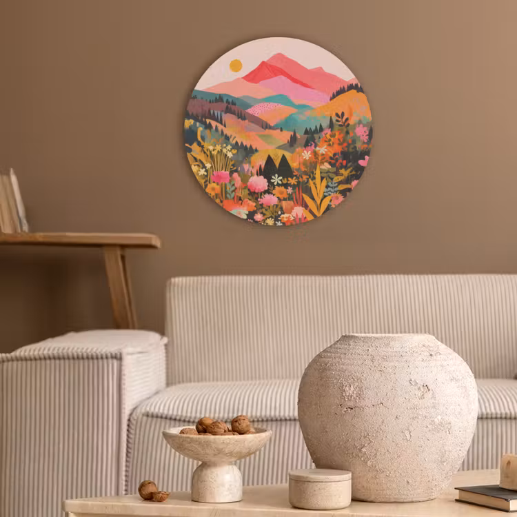 Zonsondergang - Bergvallei - Contrast Akoestische PET Vilt - Rond klein -sfeer1
