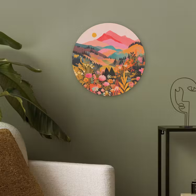 Zonsondergang - Bergvallei - Contrast Akoestische PET Vilt - Rond klein -sfeer2