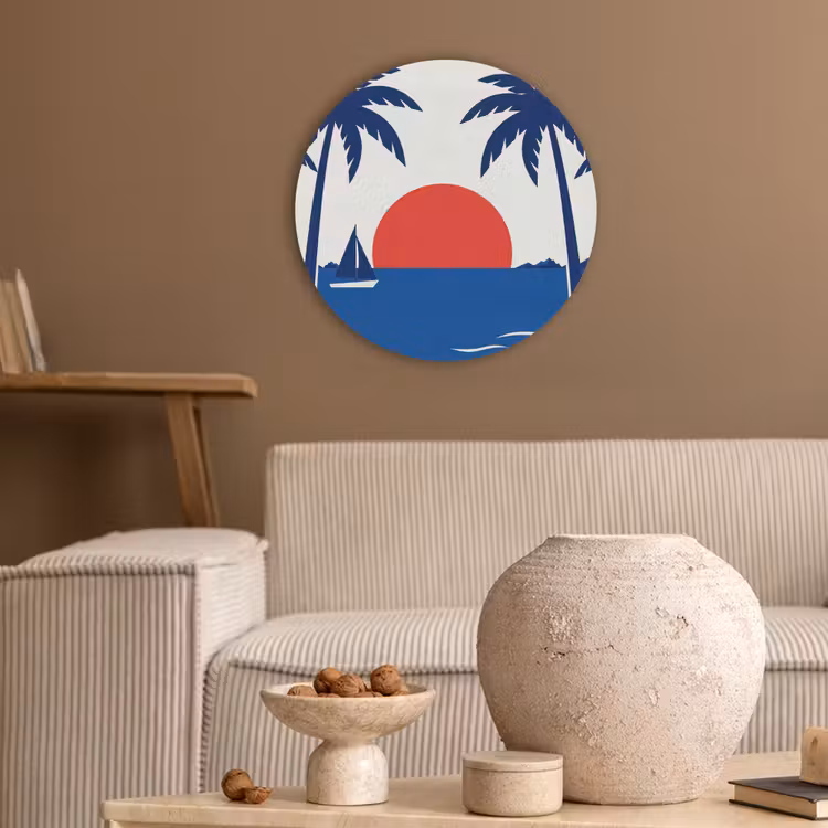 Zonsondergang - Zee - Palmboom - Tropisch - Modern Akoestische PET Vilt - Rond klein -sfeer1
