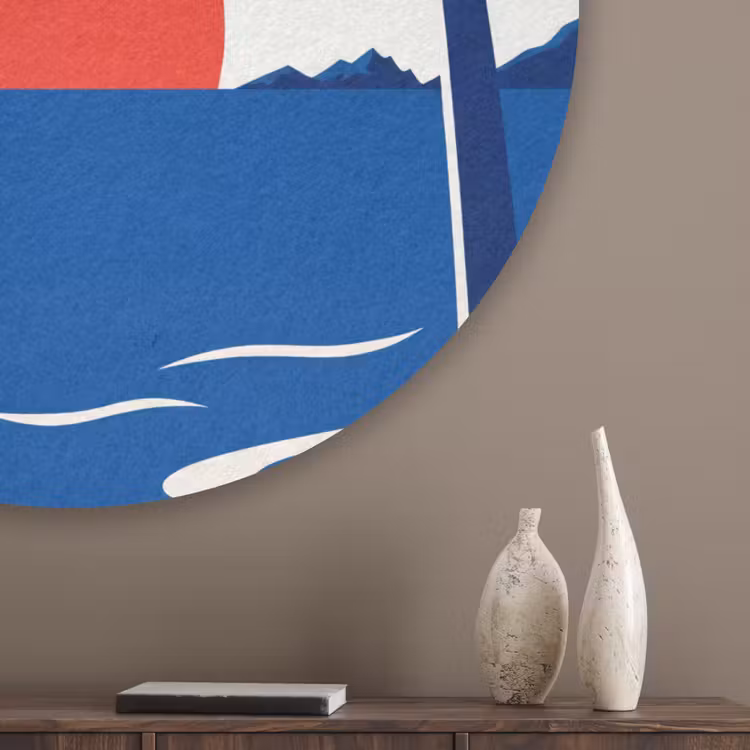 Zonsondergang - Zee - Palmboom - Tropisch - Modern Akoestische PET Vilt - Rond klein -sfeer5_closeup