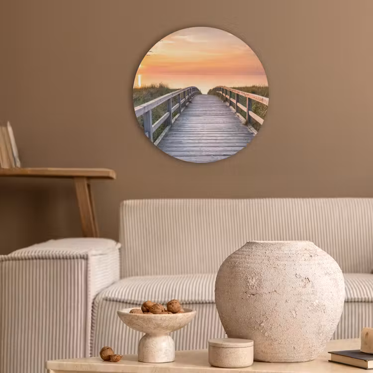 Zonsonderang - Zee - Pad - Gras - Duin - Vogels Akoestische PET Vilt - Rond klein -sfeer1