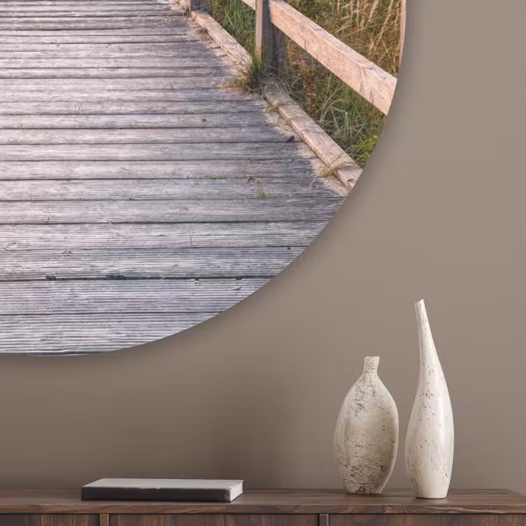 Zonsonderang - Zee - Pad - Gras - Duin - Vogels Akoestische PET Vilt - Rond klein -sfeer5_closeup