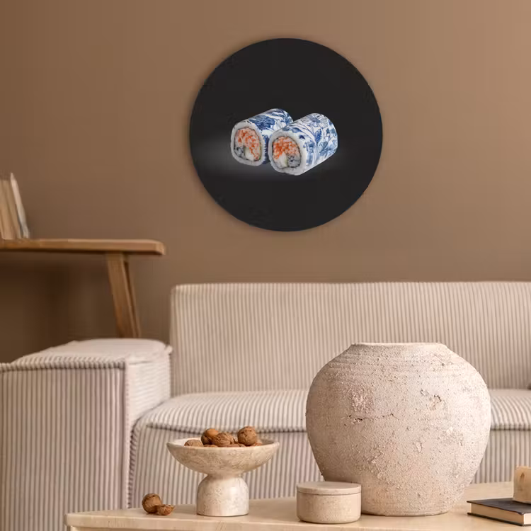 Sushi - Delfts blauw - Rijst - Vis - Elegant Akoestische PET Vilt - Rond klein -sfeer1