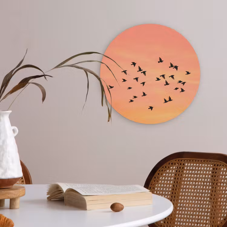 Zwerm - Vogels - Oranje Akoestische PET Vilt - Rond klein -sfeer3
