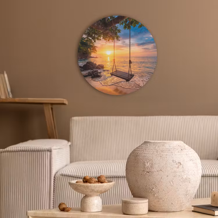 Schommel - Strand - Zonsondergang - Natuur - Oranje Akoestische PET Vilt - Rond klein -sfeer1