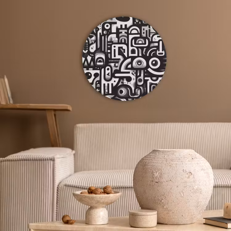 Symbolen - Abstract - Grafisch - Zwart Akoestische PET Vilt - Rond klein -sfeer1