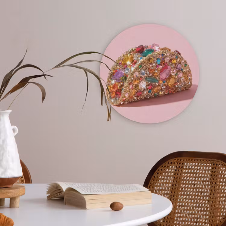 Taco - Kleurrijk - Edelstenen - Goud Akoestische PET Vilt - Rond klein -sfeer3